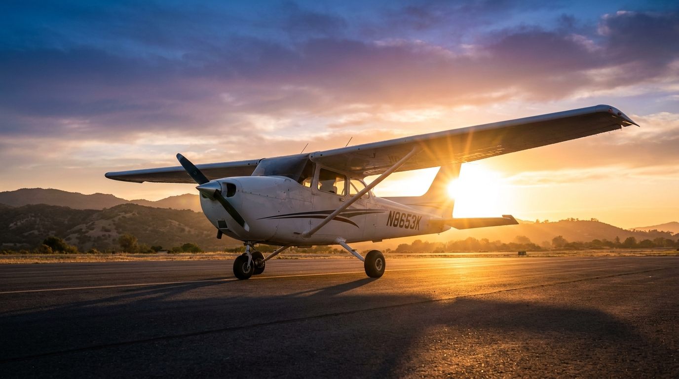 Cessna 172 on the runway at golden hour