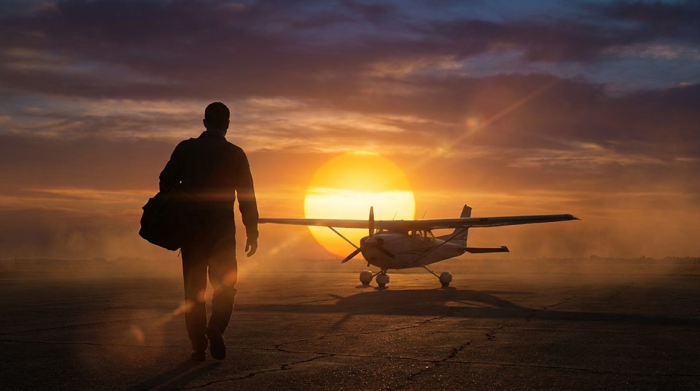 Pilot walking to aircraft at sunrise
